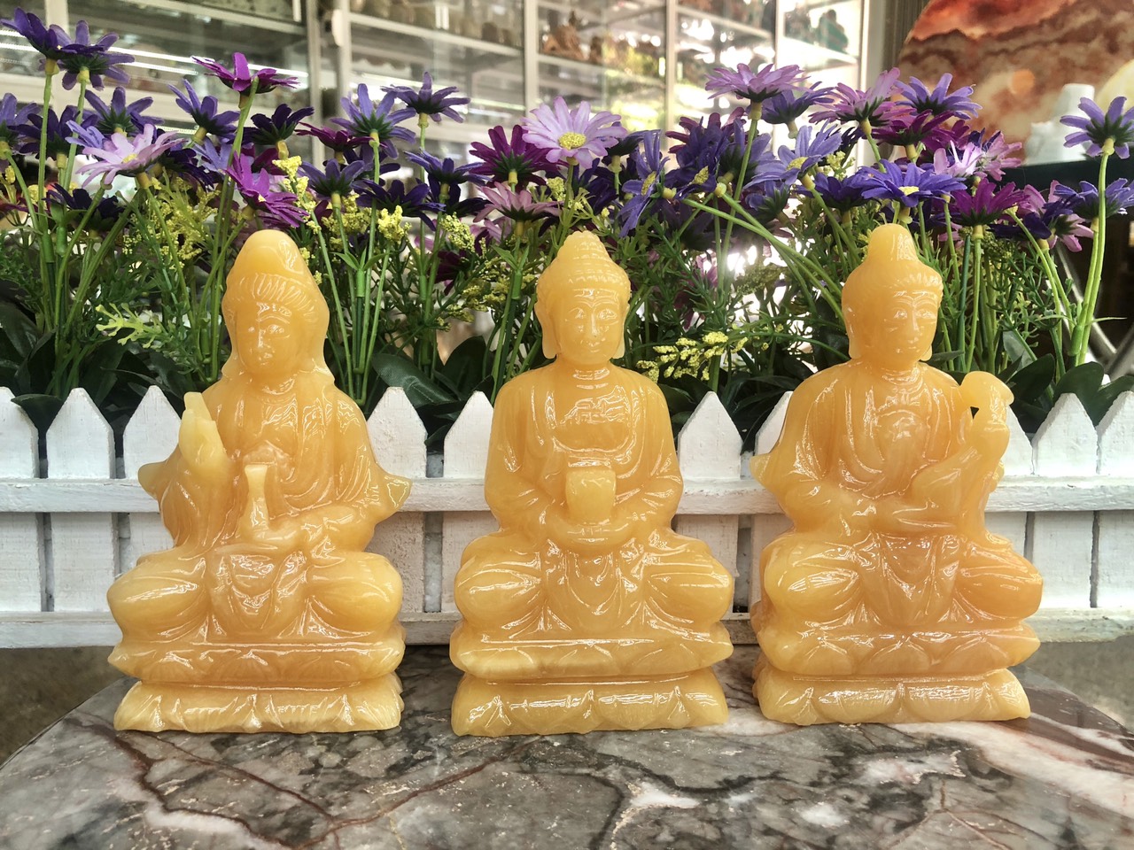 Bộ tượng Tam Thế Phật Tây Phương Tam Thánh ngồi đá ngọc hoàng long - Cao 15 cm