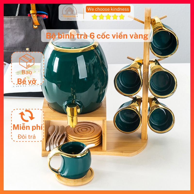 Bộ bình trà, bình sứ 6 cốc viền vàng kèm kệ tre dung tích 3L phụ kiện sang trọng phòng khách 2021