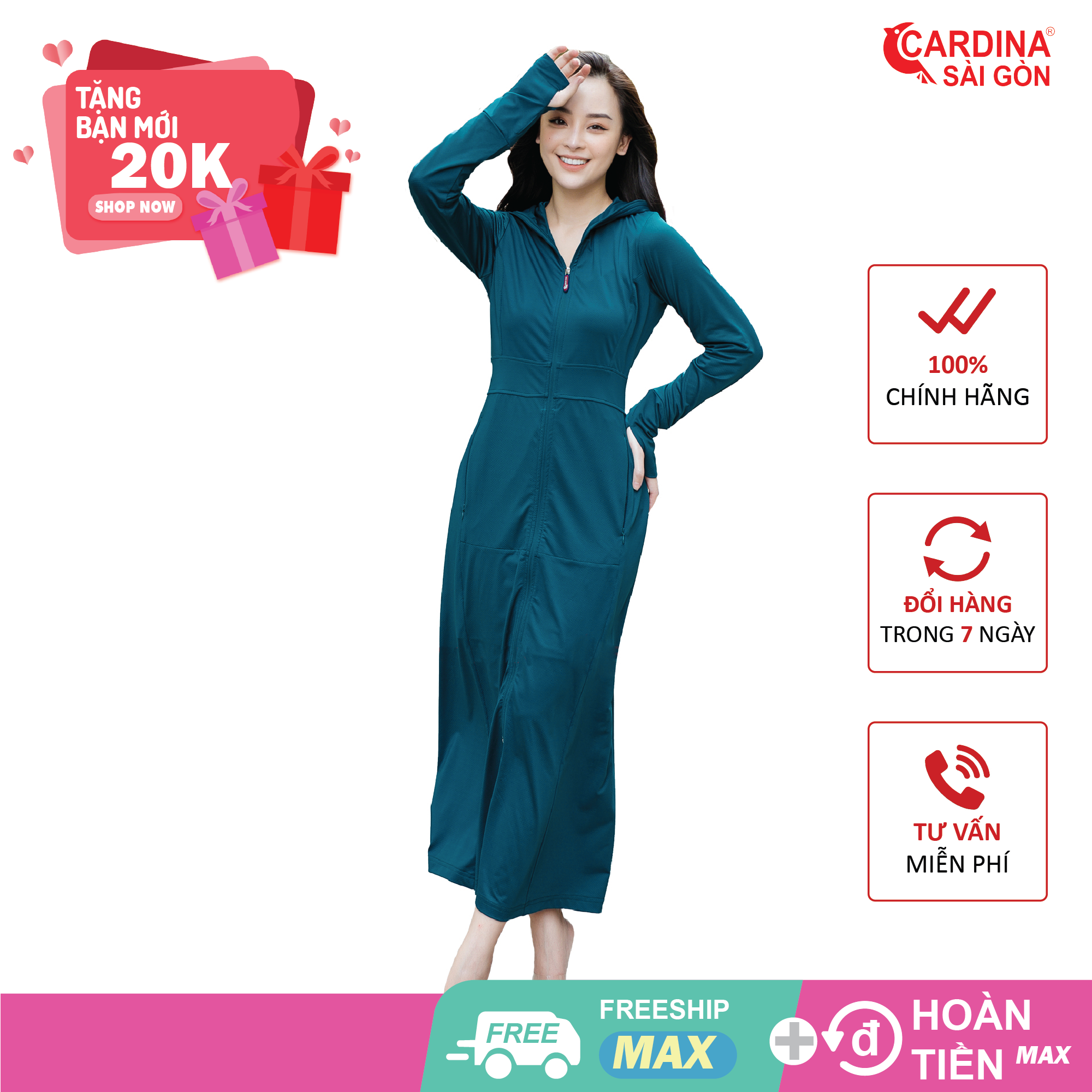 Áo chống nắng nữ toàn thân Cardina Sài Gòn chính hãng xỏ ngón 2 lớp chất thun lạnh air cool Nhật bản cao cấp dày dặn thoáng khí chống tia UV hơn 98% mã BC