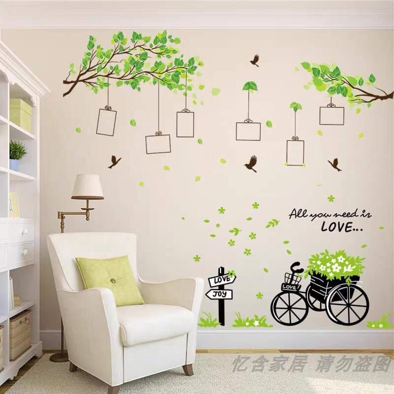 Decal dán tường khung ảnh cành cây và xe đạp