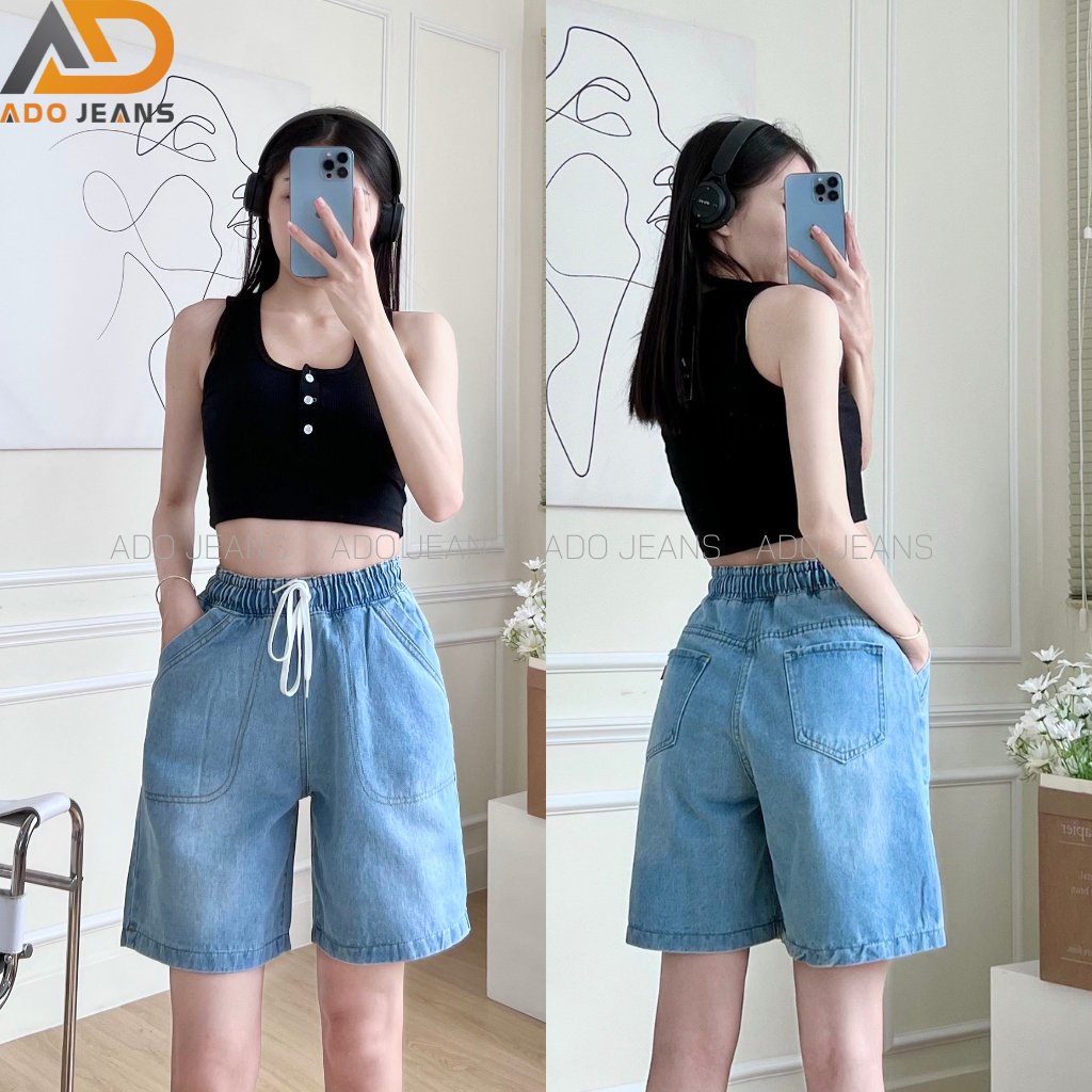 Quần Short Jean Ngố Nữ Lưng Chun Co Giãn, Quần Đùi Jean Ngố Nữ Lưng Cao Ống Rộng Lưng Thun có bigsiz