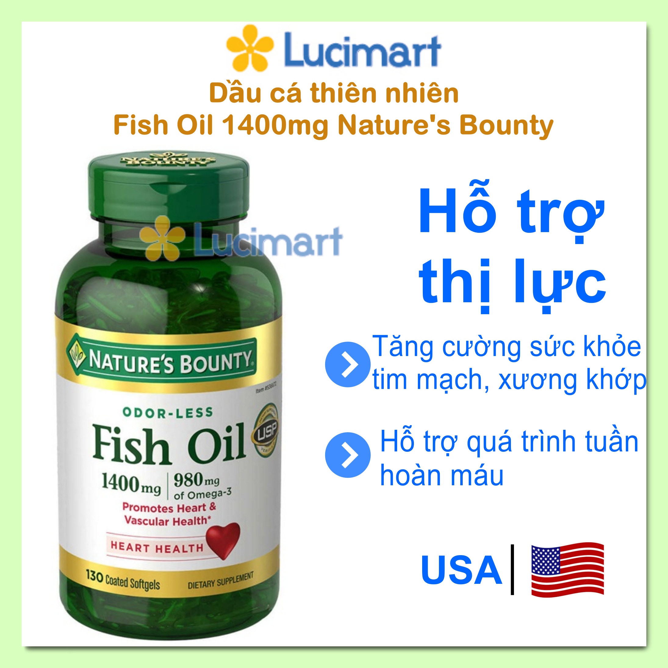 Dầu cá thiên nhiên Fish Oil, 1000mg, 1200mg, 1400mg Nature's Bounty, viên nang mềm [Hàng Mỹ]