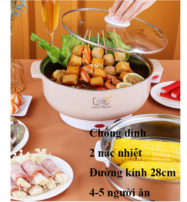 [28 cm] Nồi Lẩu Mini, hấp 2 tầng, ca nấu mì, đa năng, Nấu Cơm, chiên, hấp_Gọn nhẹ, 2 nấc nhiệt, vỉ hấp bằng Inox
