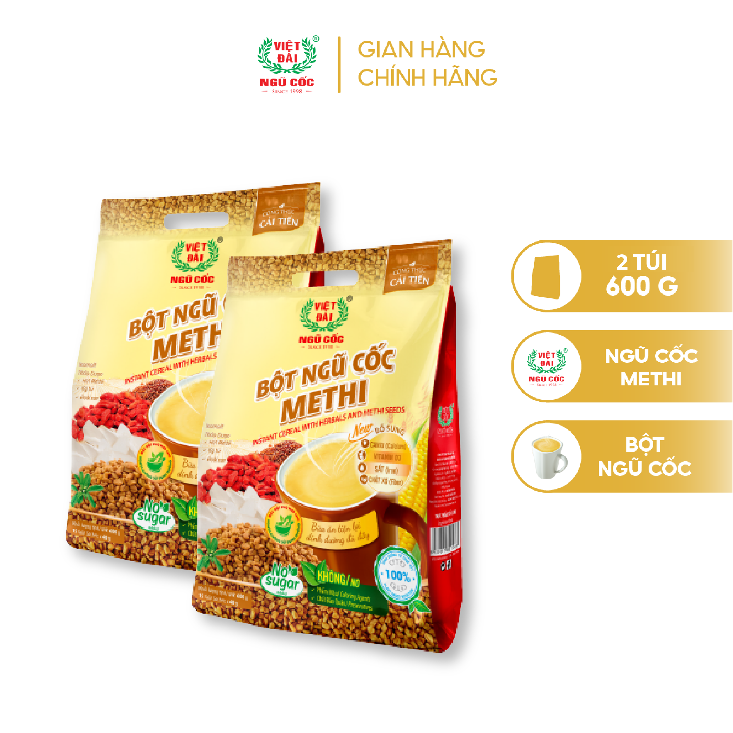 Combo 2 bột ngũ cốc methi việt đài không đường dành cho người giảm cân eat clean túi 600g
