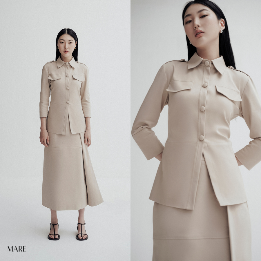 Mare - chân váy midi vạt lệch kép màu be - martin skirt