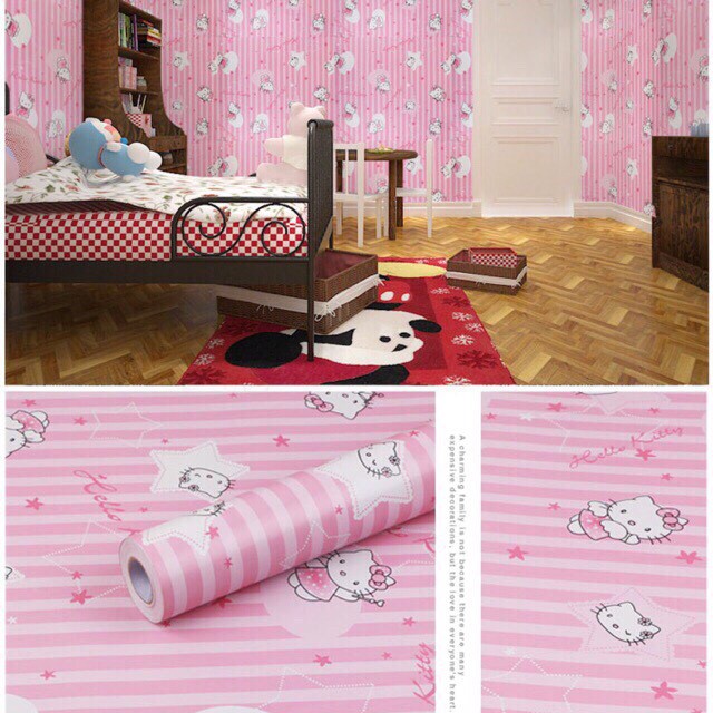 10M Giấy Dán Tường Mèo Kitty Hồng Khổ Rộng 45cm Có Sẵn Keo Dễ Thương Cho Bé