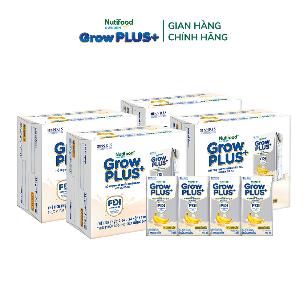 Combo 4 Thùng 24 hộp Sữa bột pha sẵn Nutifood GrowPLUS+ Vị Chuối Sữa hộp 110ml - Hỗ trợ phát triển chiều cao