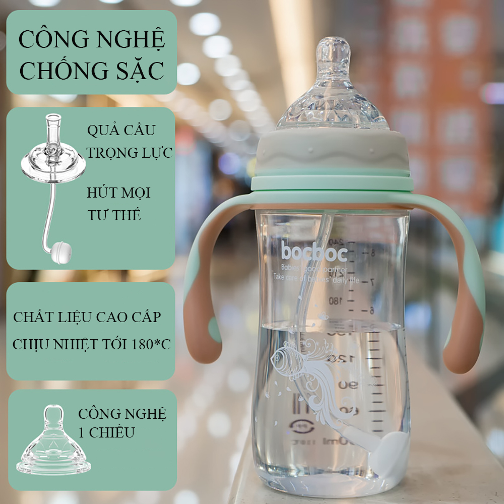 Bình sữa chống sặc cho trẻ sơ sinh hiệu bocboc, thiết kế chống sặc thông minh,cùng quả cầu trọng lực giúp bé bú ở mọi tư thế. Chất liệu nhựa PP cao cấp an toàn cho bé