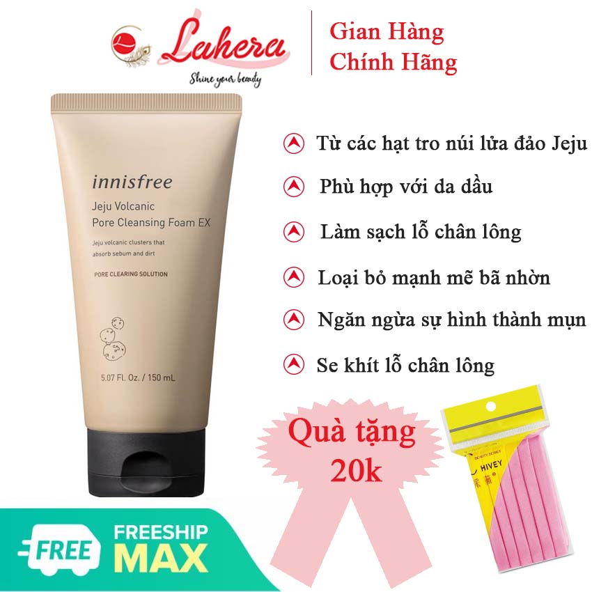 Sữa rửa mặt tro núi lửa se khít lỗ chân lông Innisfree Pore Cleansing Foam Llahera DMP07, tặng kèm 1 gói 12 miếng bọt biển rửa mặt Chivey trị giá 20k