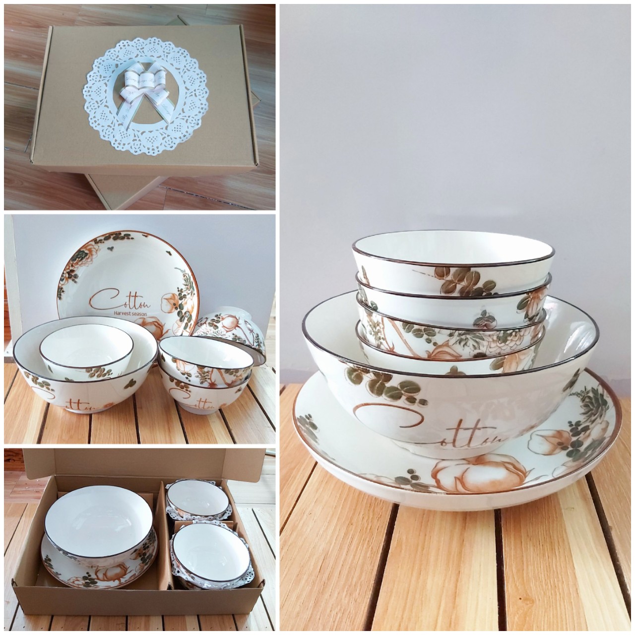 Bộ tô chén dĩa sứ họa tiết bông cổ điển 6 món kèm hộp quà Hoavoanshop