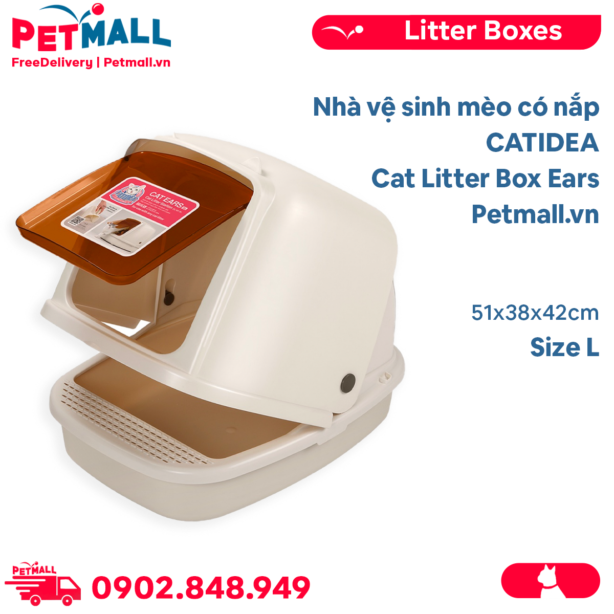 Nhà vệ sinh mèo có nắp CATIDEA Cat Litter Box Ears Size L - 51x38x42cm Petmall