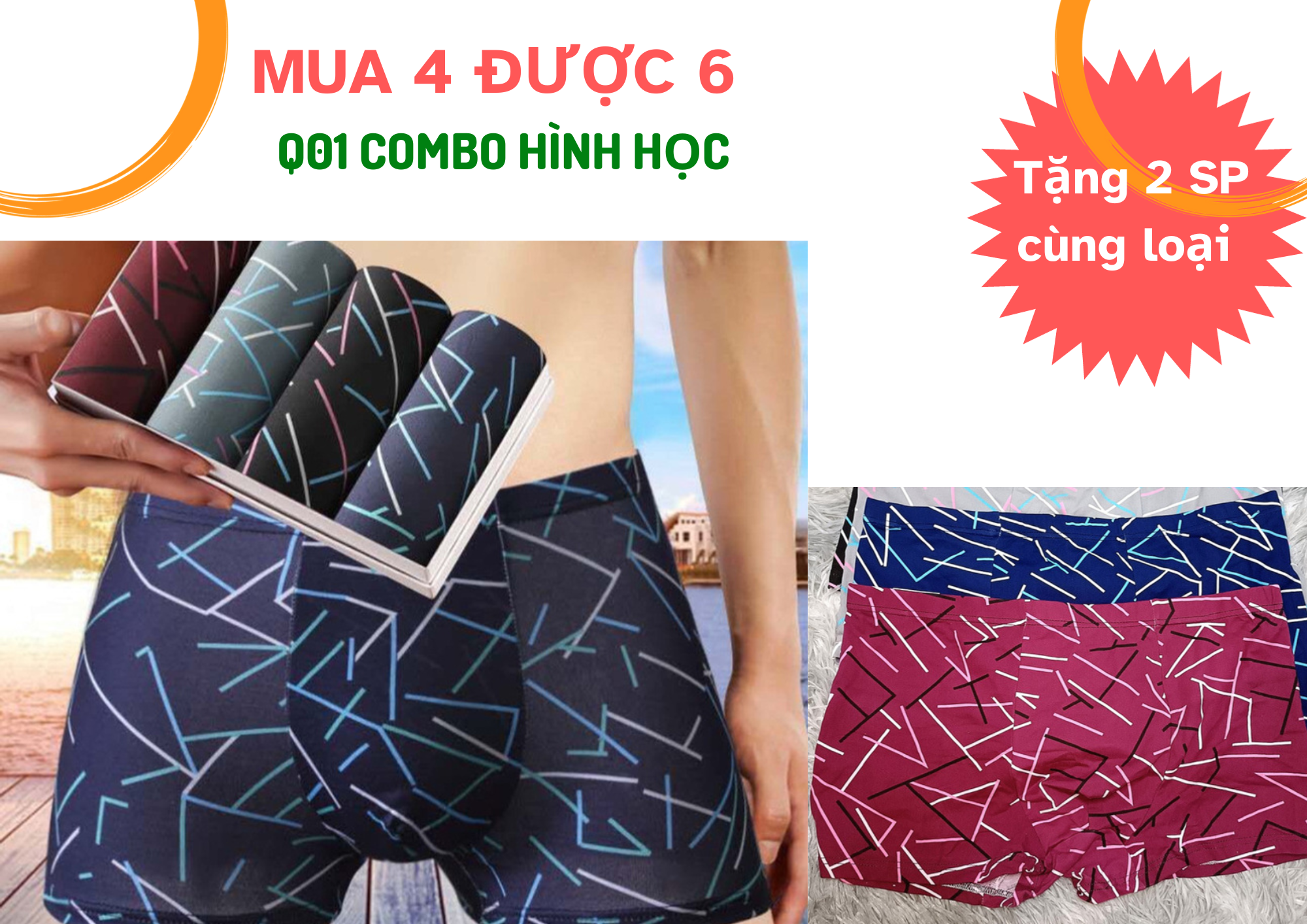 Q01 mua 4c tặng 2 được 6c combo quần lót, quần sịp đùi nam in hình đường kẻ