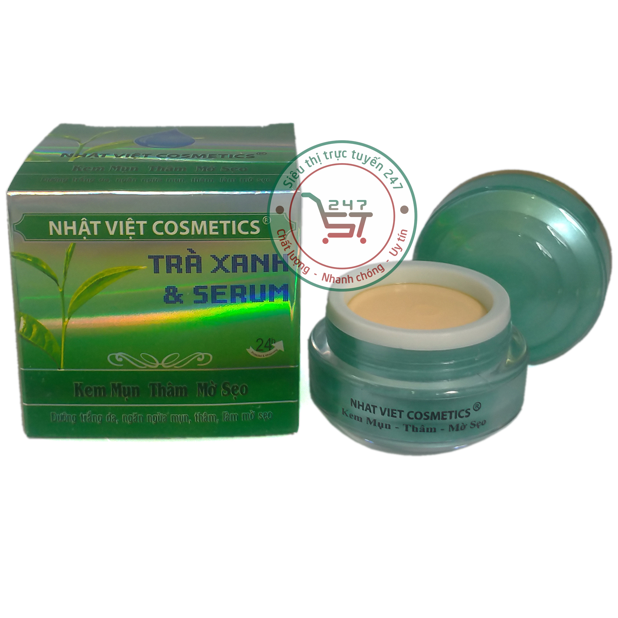 Kem Mụn dưỡng Trắng da Mờ sẹo Thâm Trà xanh Serum Nhật Việt 13g (Xanh  lá-Bạc)