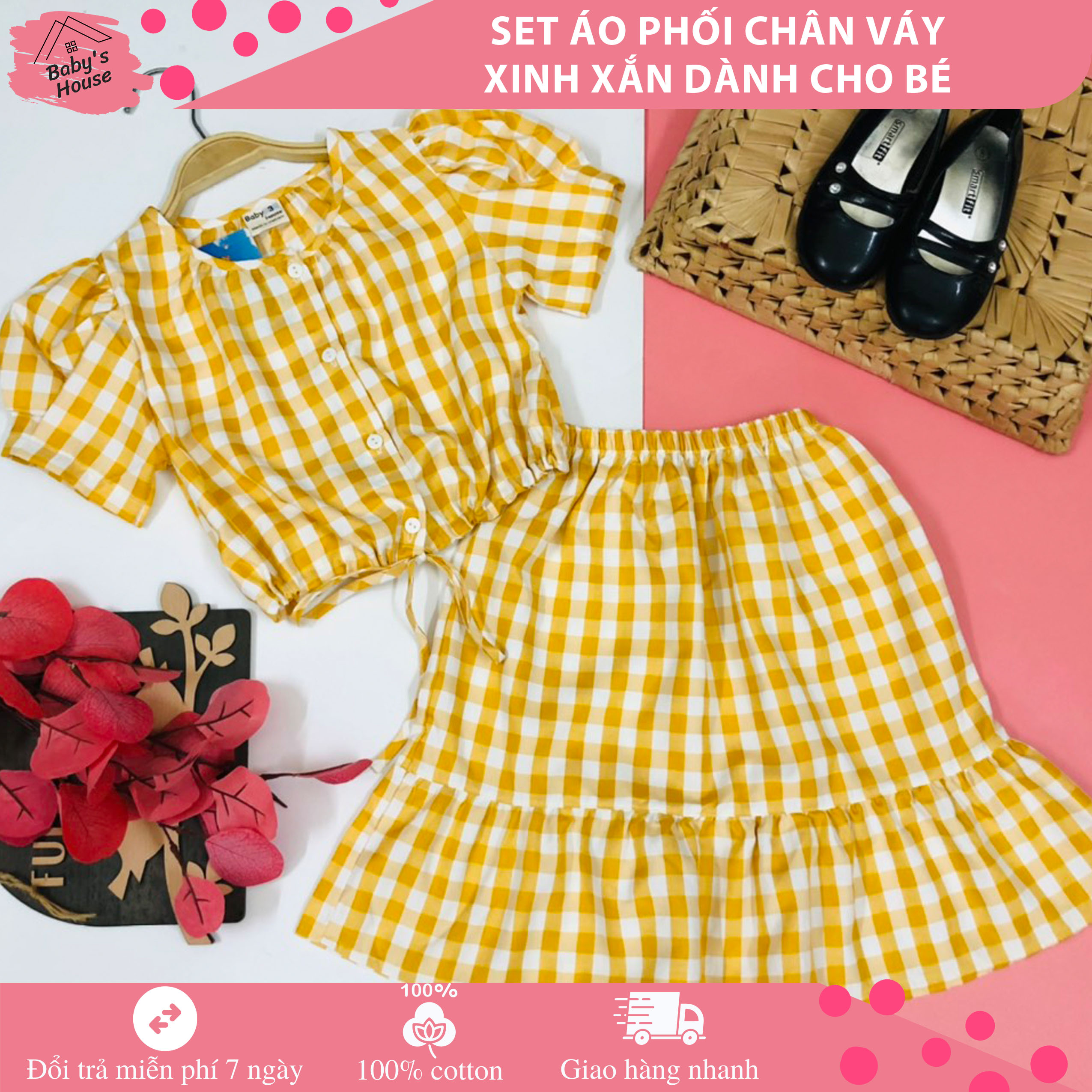 [Baby's House] Set áo phối chân váy cực kì xinh xắn cho bé [làm từ chất liệu caro chéo thấm hút mồ hôi, thoáng mát và thoải mái khi bé mặc]