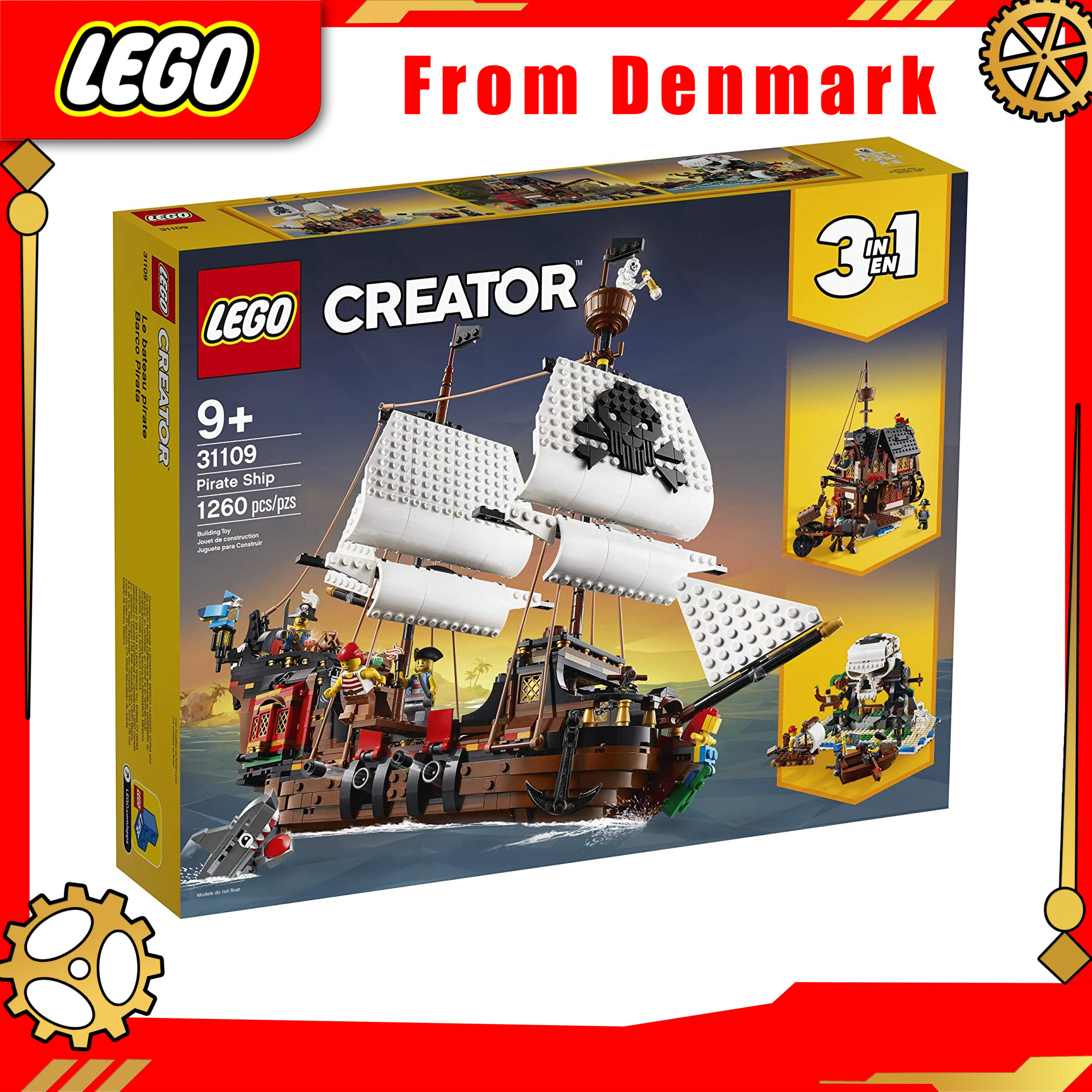【From Denmark】LEGO Creator Pirate Ship Creator 3 in 1 Building Toy Set 31109 Suitable for kids who like pirates and model ships, and also a great gift for kids, 2020 new version (1,260) pieces) guaranteed genuine From Denmark
