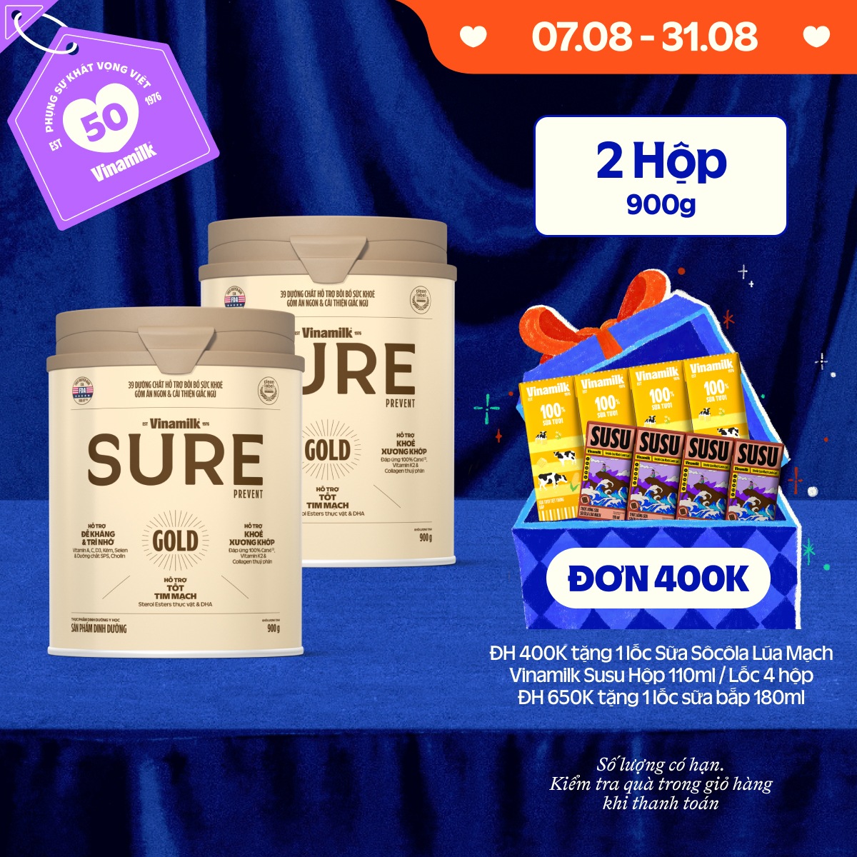 Combo 2 lon Sữa bột cho người lớn tuổi Vinamilk Sure Prevent 900g (Hộp thiếc)|