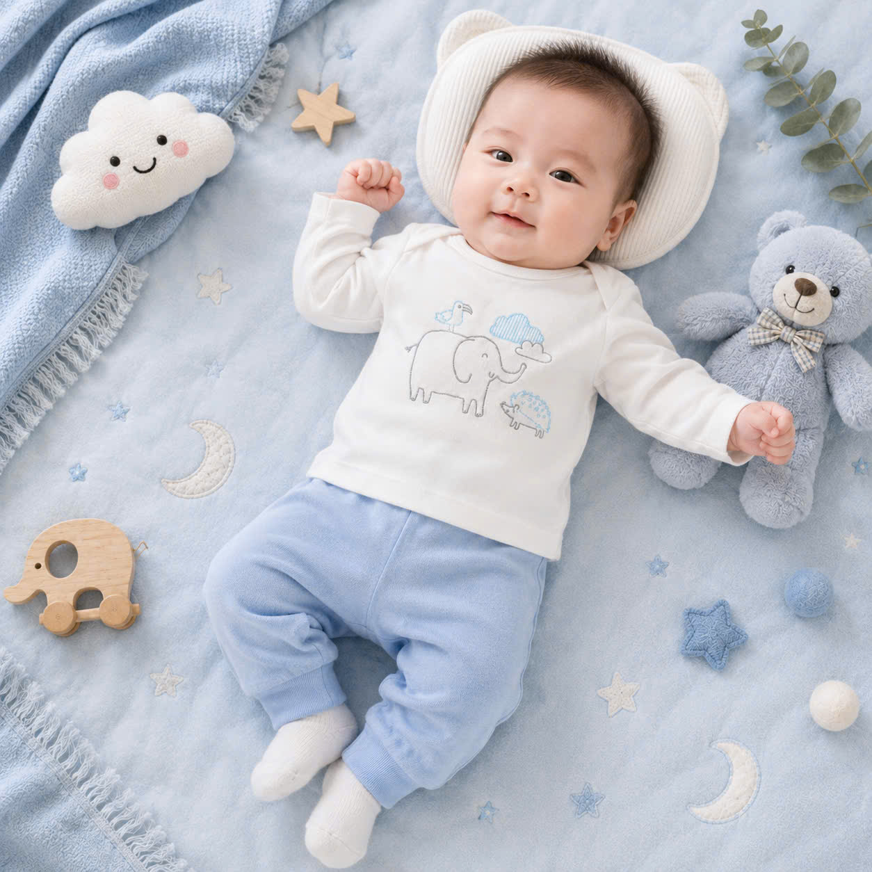 Bộ dài tay sơ sinh cotton mềm hình voi cho bé trai, vai chồng dễ mặc, size 0-3M (3-4,5kg)