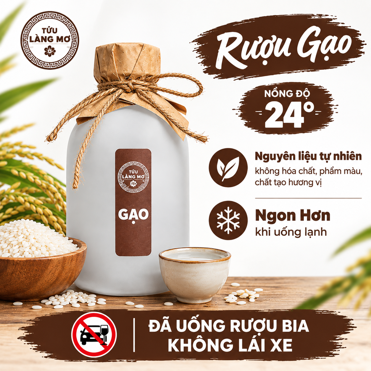 [Rượu Gạo Chai 500ML] Tửu Làng Mơ - Không Phẩm Màu - Không Hương Liệu - Nồng Độ 24%