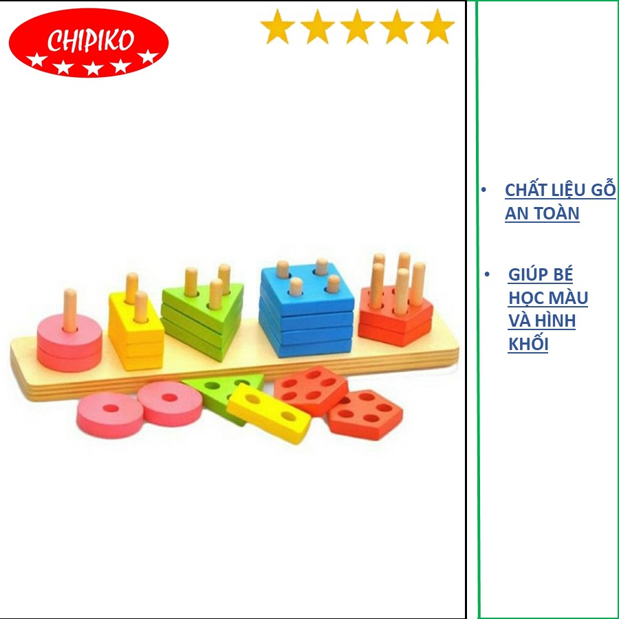 Đồ chơi thả trụ hình khối 5 cọc cho bé - thả trụ hình học 4 trụ