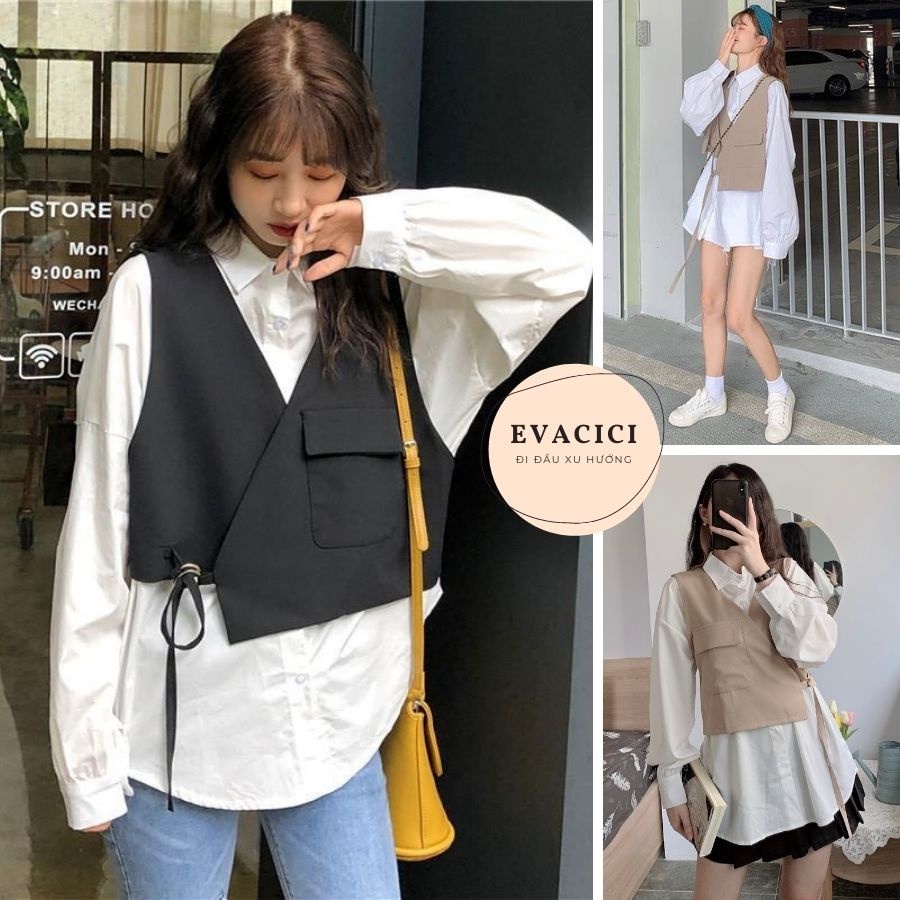 Set áo váy form dài kèm yếm gile đai lệch vạt điệu đà sang chảnh. Set áo sơ mi trắng nữ kèm gile buộc nơ eo