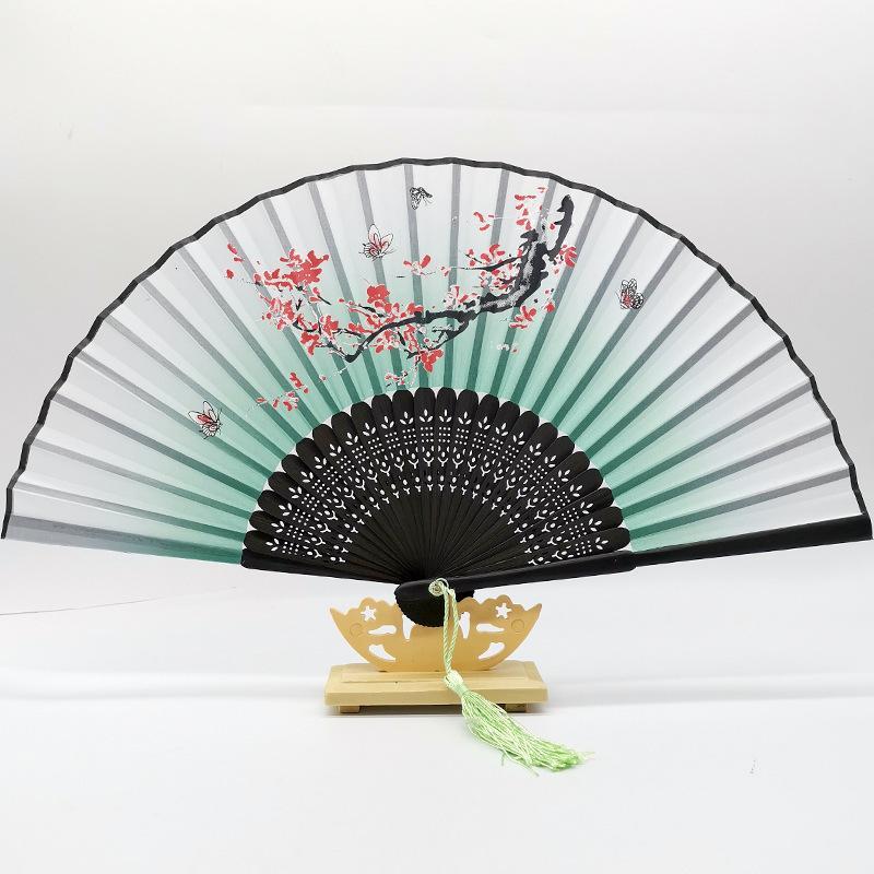 Quạt cổ trang xanh lá đào loại 2 quạt xếp cầm tay phong cách Trung Quốc
