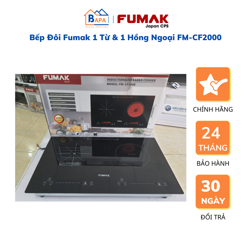 Bếp điện đôi điện từ hồng ngoại fumak fm-cf2000 - tổng công suất 4000w - mặt kính chịu nhiệt, chịu lực vitro ceramic - hẹn giờ - khóa phím- điều khiển cảm ứng - bảo hành 24 tháng - lỗi đổi 30 ngày