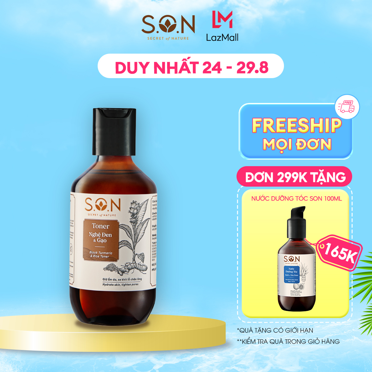 Toner nghệ đen & gạo S.O.N Dưỡng ẩm, se khít lỗ chân lông 100ml
