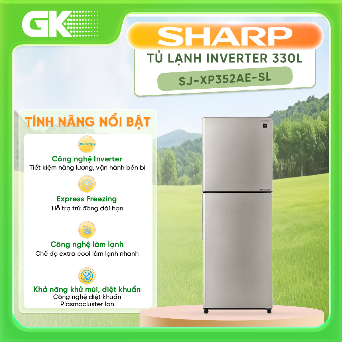 Tủ lạnh Sharp Inverter 330 lít SJ-XP352AE-SL - Chế độ cấp đông nhanh Hộp đá xoay Ngăn rau quả giữ ẩmNgăn trữ tươi thực phẩm sống Extra Cool Plus -2℃ - GIAO TOÀN QUỐC - FREESHIP HCM