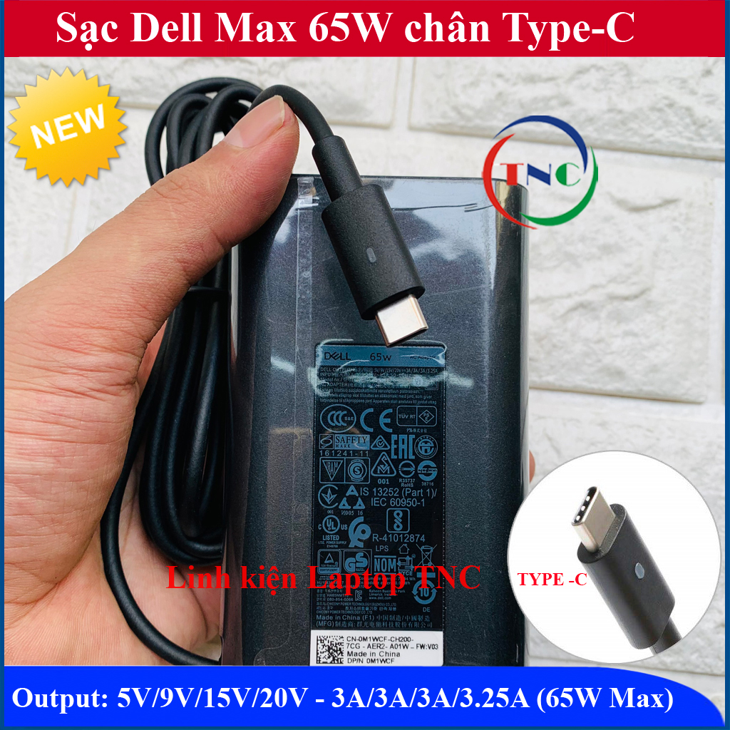 Sạc laptop dell 20v - 3.25a - 65w chân c type c - hàng linh kiện mới