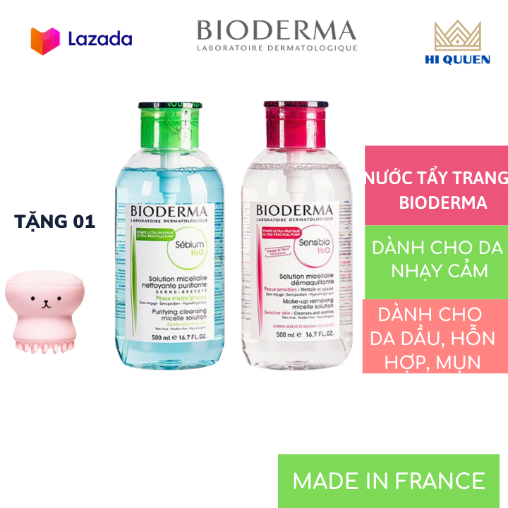 Tẩy trang Bioderma xanh và hồng nắp nhún 500ml