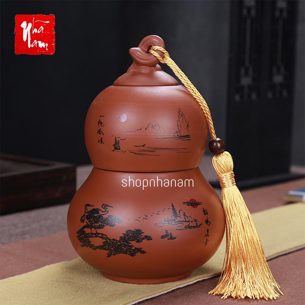 Bình đựng trà hồ lô gốm sứ hoa sen thiền trà thủy mặc phụ kiện bàn trà trà đạo