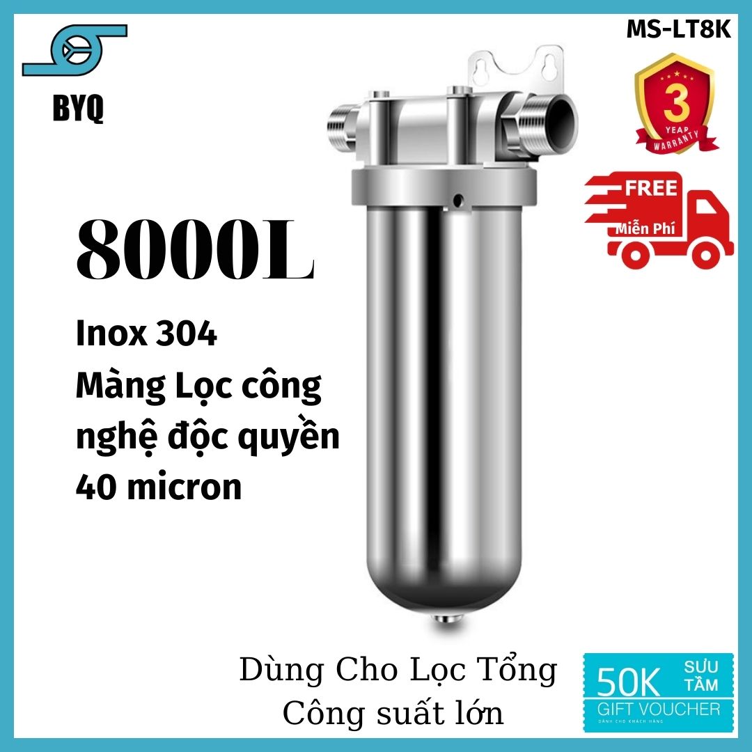 Máy lọc nước sinh hoạt , Lọc nước đầu vòi BYQ-LT8K Chất liệu inox 304 màng lọc 40rpm Lọc sạch hoàn toàn cặn bẩn , sử dụng cho gia đình hoặc hệ thống lọc sơ cấp công suất lớn , bảo hành 3 năm