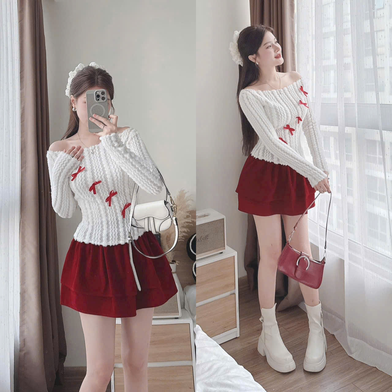 Set váy xuân ấm áp áo len thô cổ thuyền tay dài nơ chéo chân váy nhung 2 tầng ( có lót ) dễ thương cực