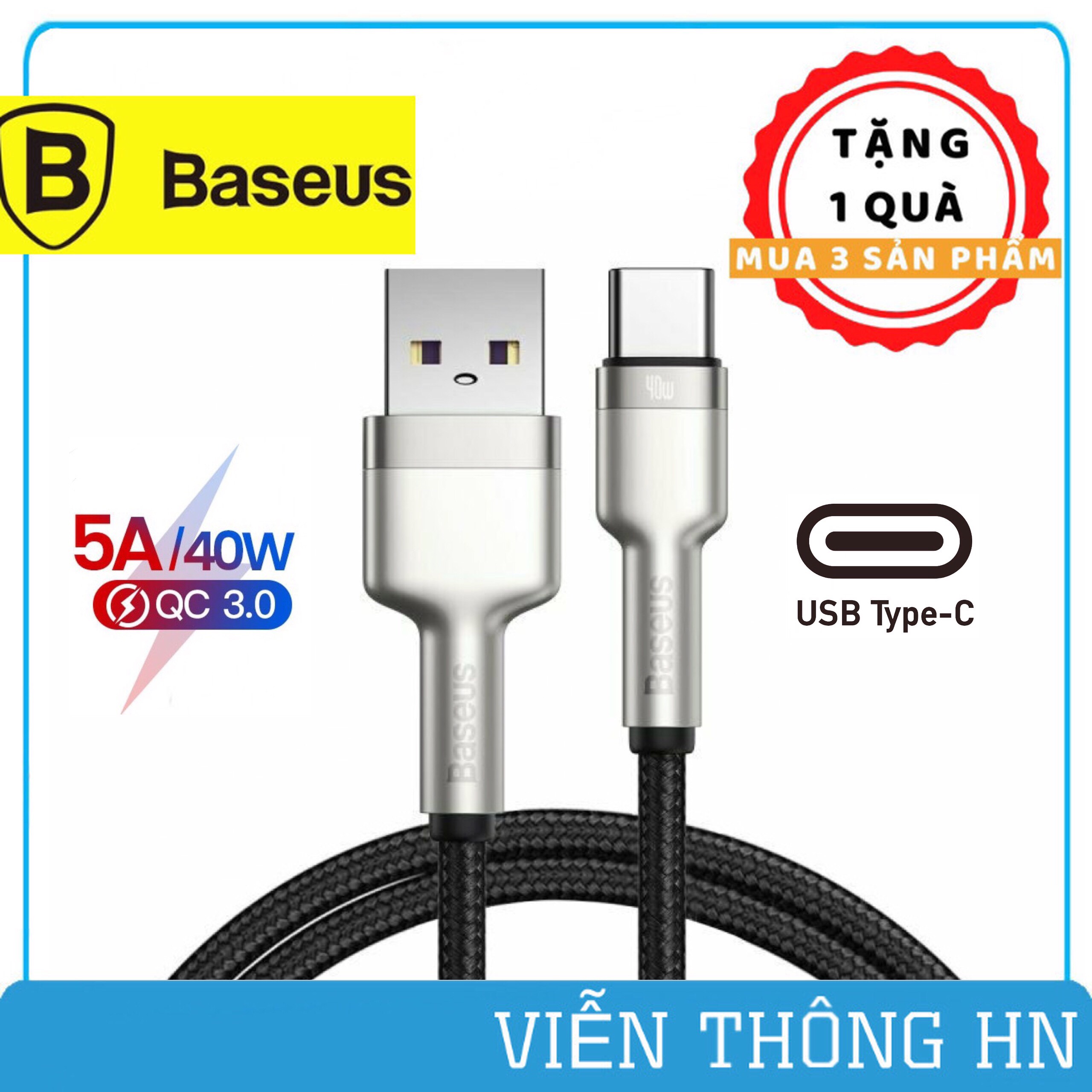 Cáp sạc nhanh type c 5a pd40w qc3.0 Baseus sạc bọc dù chống đứt dài 1m 2m cho samsung oppo realme ,...vv