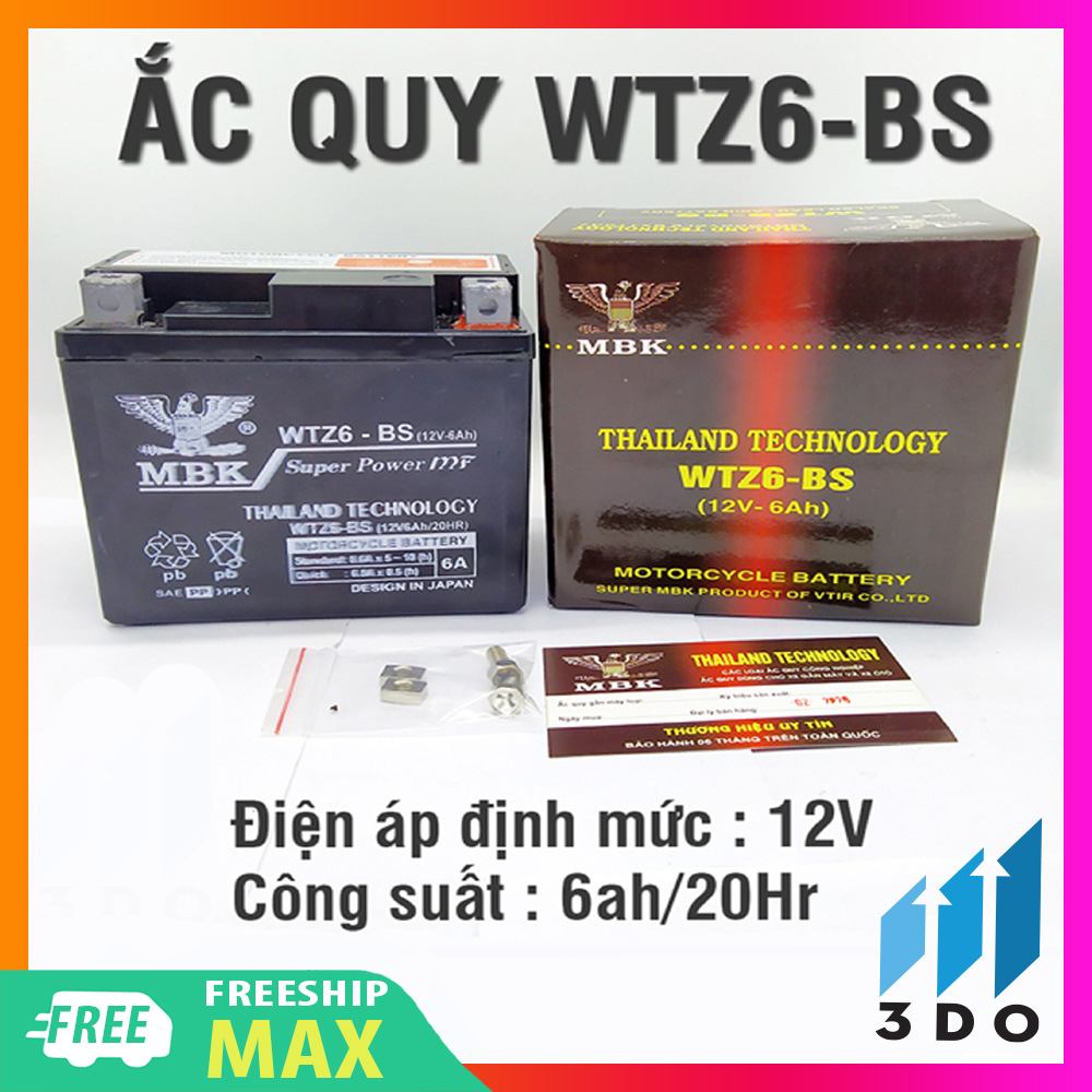 Ắc quy xe máy khô MBK 12v - 6Ah kích thước 112x68x110mm công nghệ Thái Lan mã  WTZ6-BS (Bảo hành 12 tháng), ắc quy khô xe máy, bình ắc quy khô xe máy