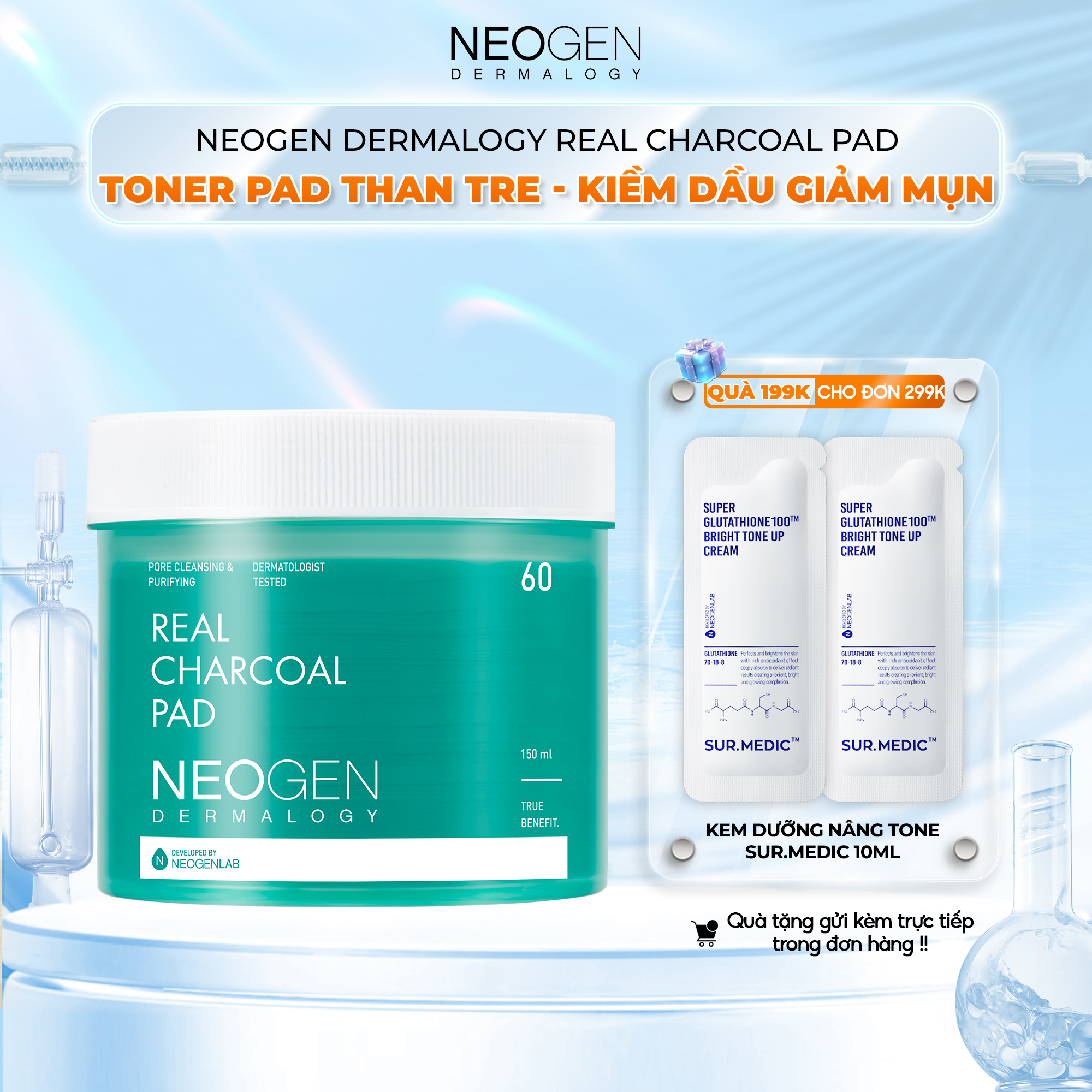 Toner Pad Than Tre Kiềm Dầu, Giảm Mụn Neogen Dermalogy Real Charcoal 60 Miếng
