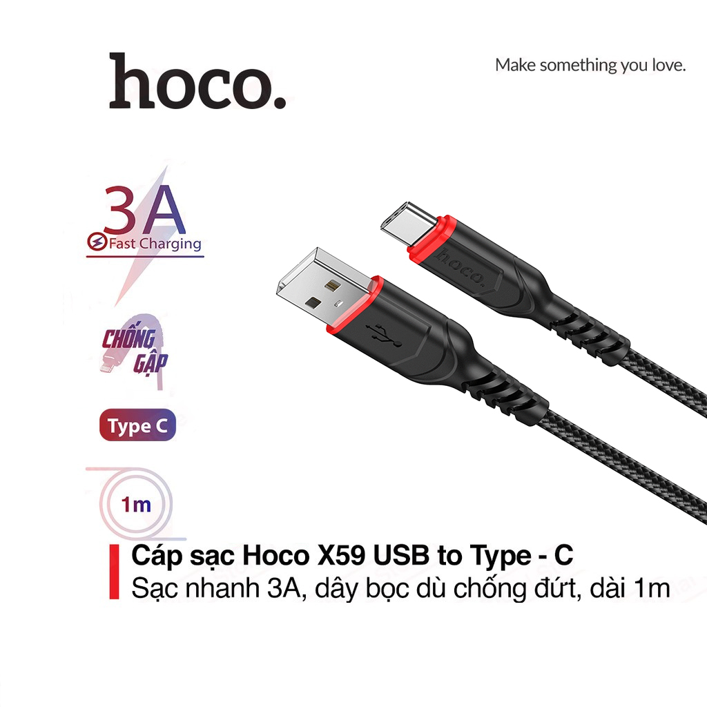 Cáp sạc nhanh 3A Hoco X59 Type-C dây dù siêu bền hỗ trợ truyền Data cho Android dài 1M