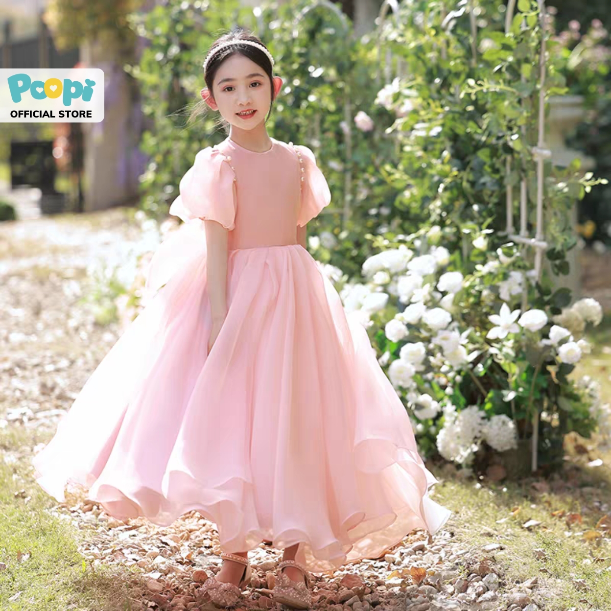 Váy công chúa poopi dáng dài xòe bồng màu hồng cho bé gái 2 -12 tuổi