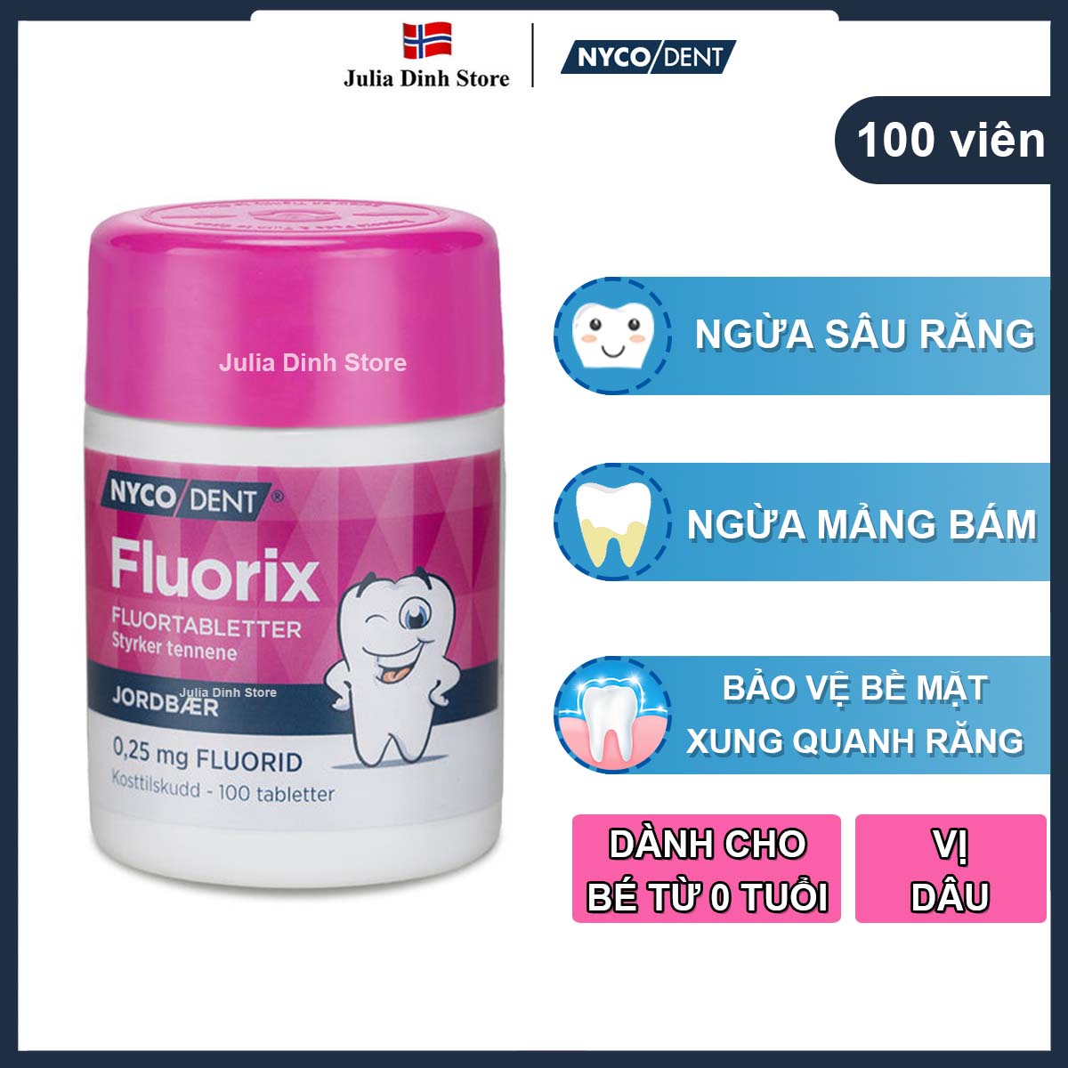Viên ngậm chắc răng , ngừa sâu răng Nycodent 0,25mg Fluorix nội địa Na Uy hương dâu - hộp 100 viên