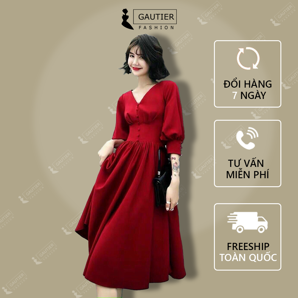 Đầm Váy Xòe Cổ Tim Nút Bọc Tay Phồng Thời Trang Gautier, Kiểu Dự Tiệc Công Sở Đi Chơi Dạo Phố, Thích Hợp Mọi Hoàn Cảnh, Onesize Từ 42 - 52kg