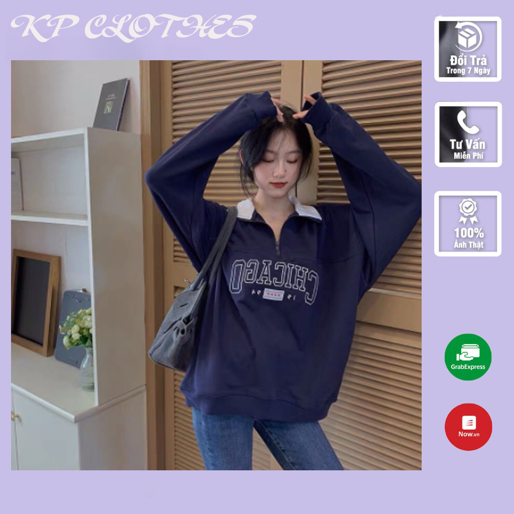 Áo sweater nỉ cổ khóa chicago 1994 🦋 áo thun nữ dài tay cổ bẻ chữ in kp clothes