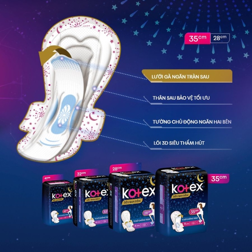 Băng vệ sinh Kotex Siêu ban đêm có cánh 28cm và 35cm