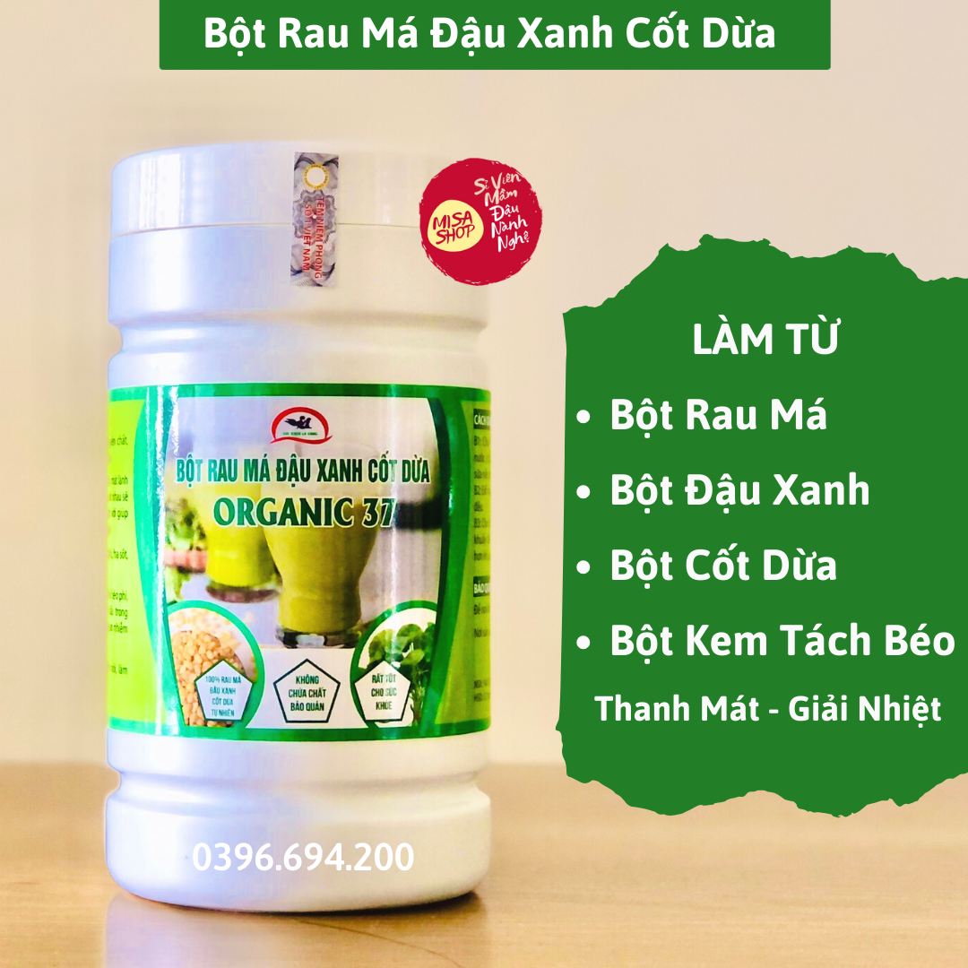 Hộp 500g Bột Rau Má Đậu Xanh Cốt Dừa Organic 37, Thanh Mát Giải Nhiệt