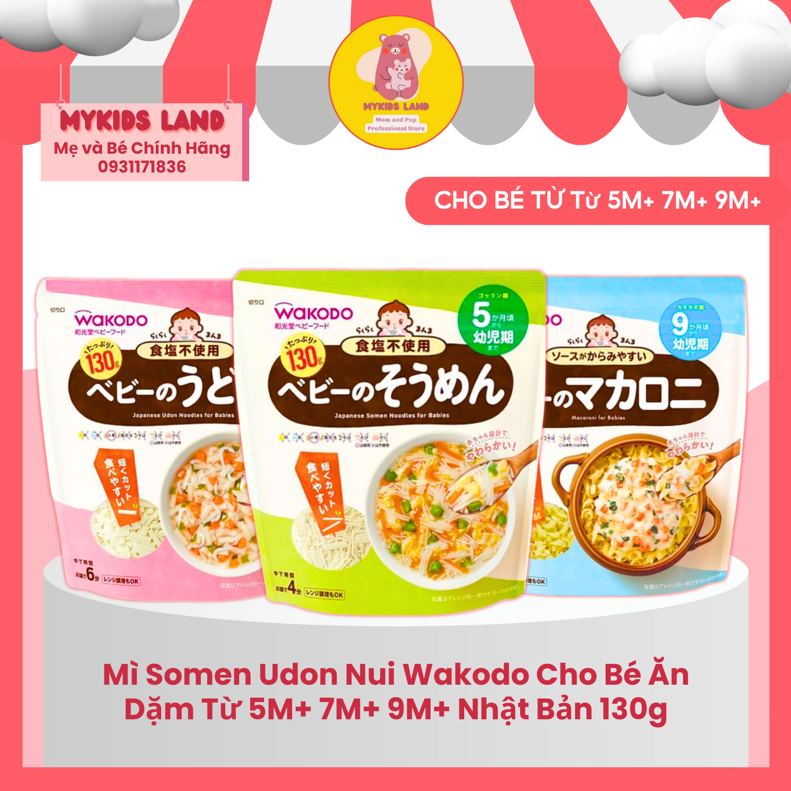 Mì somen udon nui wakodo cho bé ăn dặm từ 5m+ 7m+ 9m+ nhật bản 130g