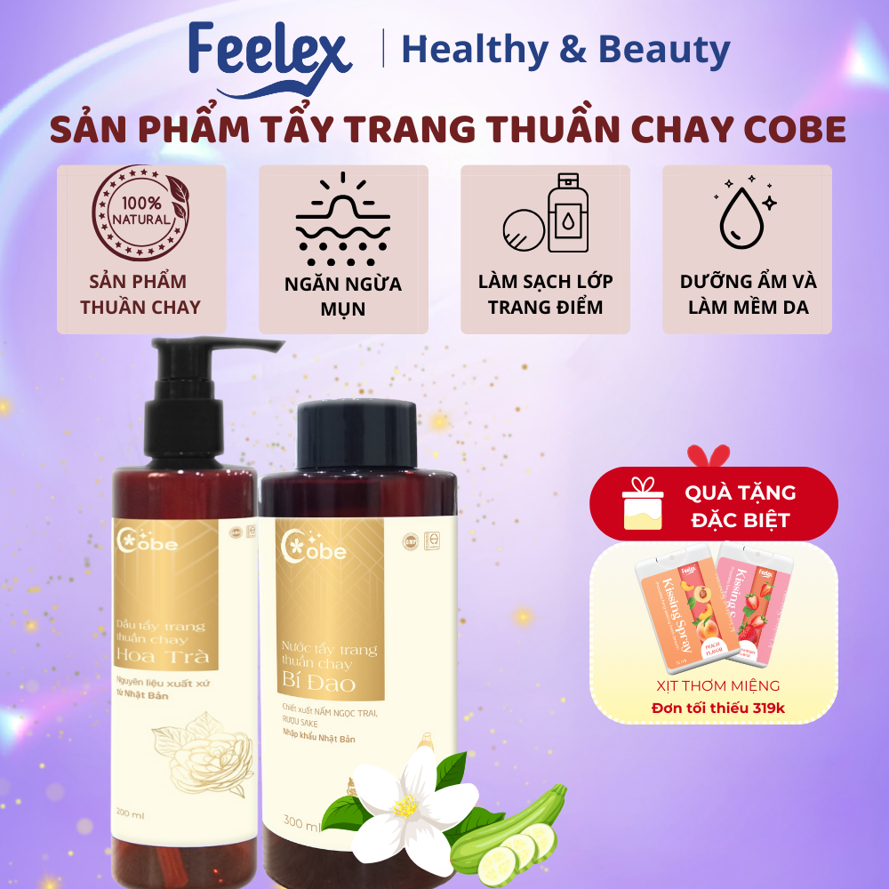Nước tẩy trang thuần chay bí đao Cobe và Dầu tẩy trang thuần chay Hoa Trà Cobe tẩy sạch bụi bẩn, an toàn cho mọi làn da