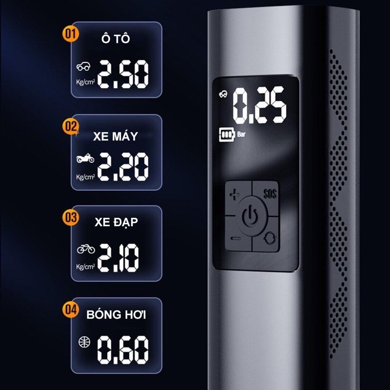 Bơm lốp điện tử thông minh cqb - 808 màn hình led, máy bơm hơi ô tô đa năng tự ngắt có sạc pin