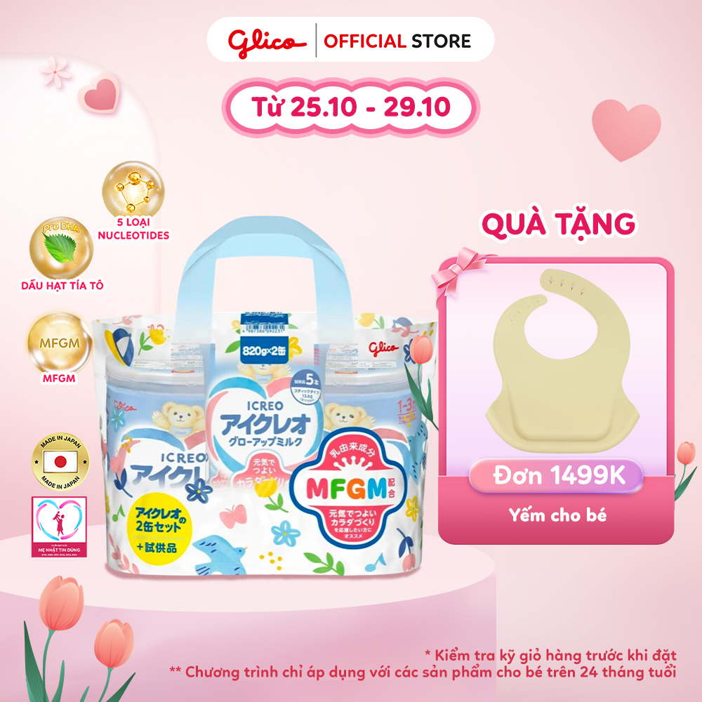 (DATE T4/2028) Combo 2 Lon Sữa Bột Glico Icreo Grow-Up Milk (820g/lon) Tặng Kèm 5 Thanh Sữa Tiện Dụng 13.6g