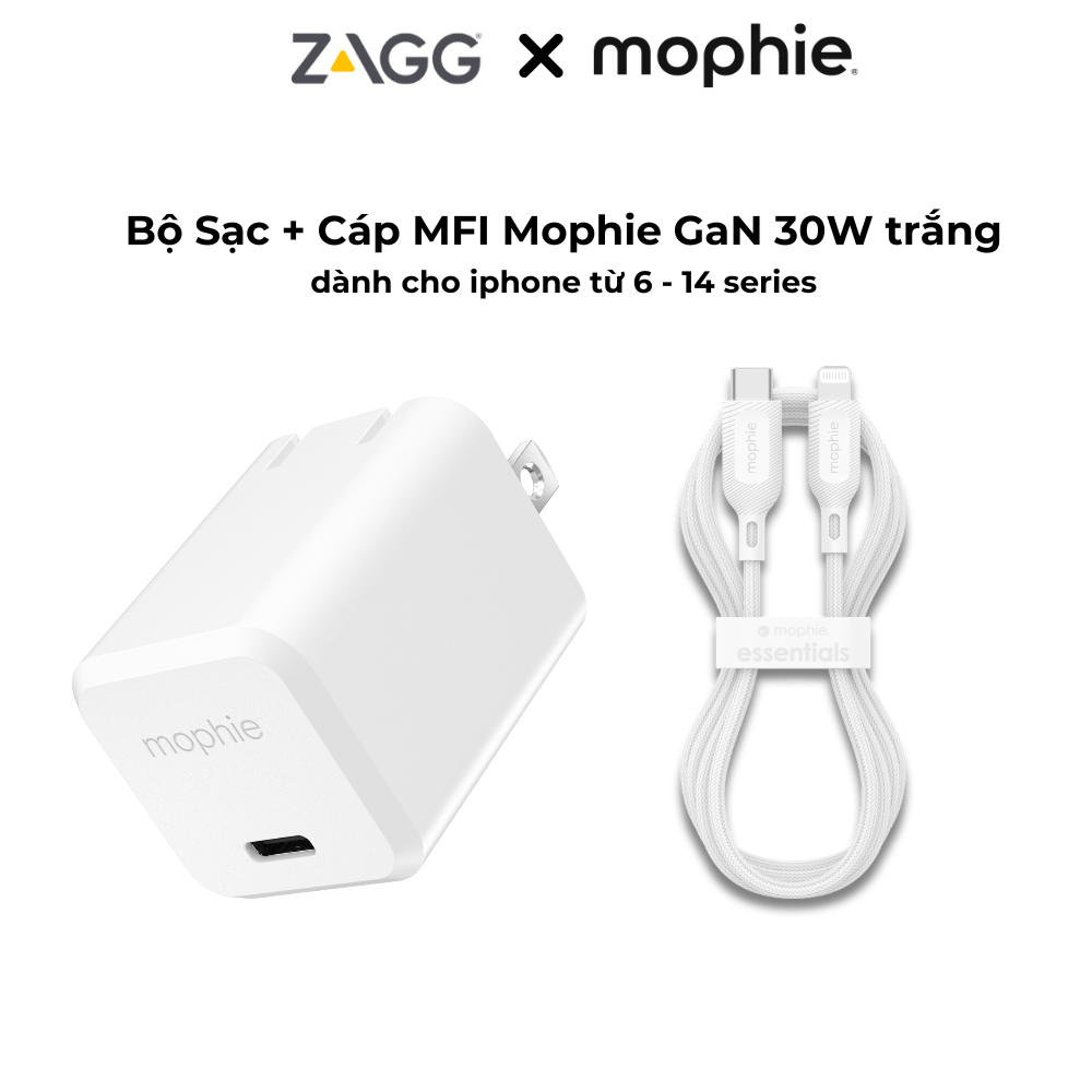 Combo cốc sạc Mophie 20w/30w - dây cáp C to lightning Mophie Essentials 1M - dành cho iPhone - Bảo hành 2 năm 1 đổi 1 - Hàng chính hãng