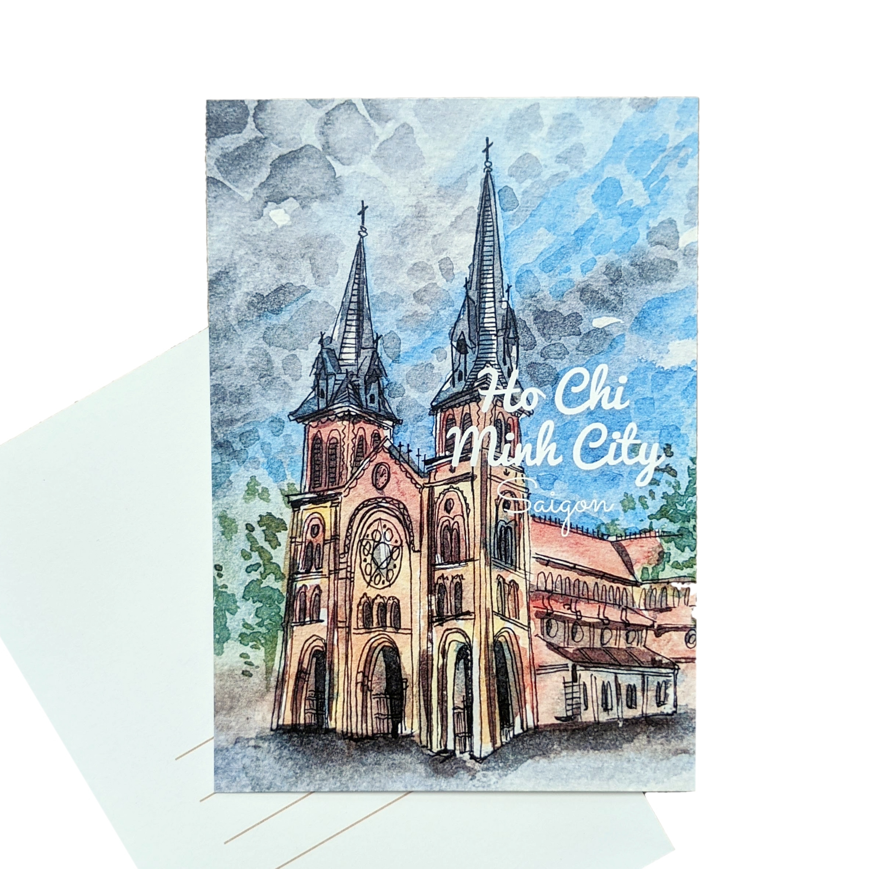 Bưu thiếp "Việt Nam" Sài Gòn Thành phố Hồ Chí Minh Nhà thờ nổi tiếng. Làm thủ công bưu thiếp màu nước gốc trên giấy màu nước. Minh họa màu nước. Một món quà từ Việt Nam
