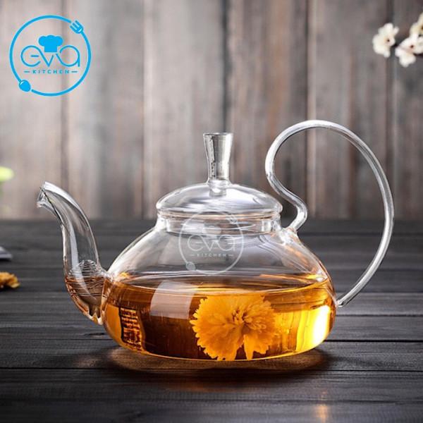 Ấm pha trà thuỷ tinh chịu nhiệt quai cong kèm lõi lọc lò xo 700 ml